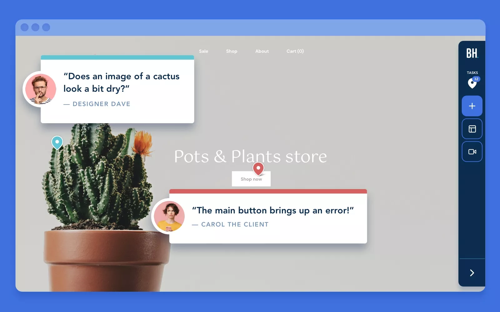 BugHerd interface with visual pins and task management
