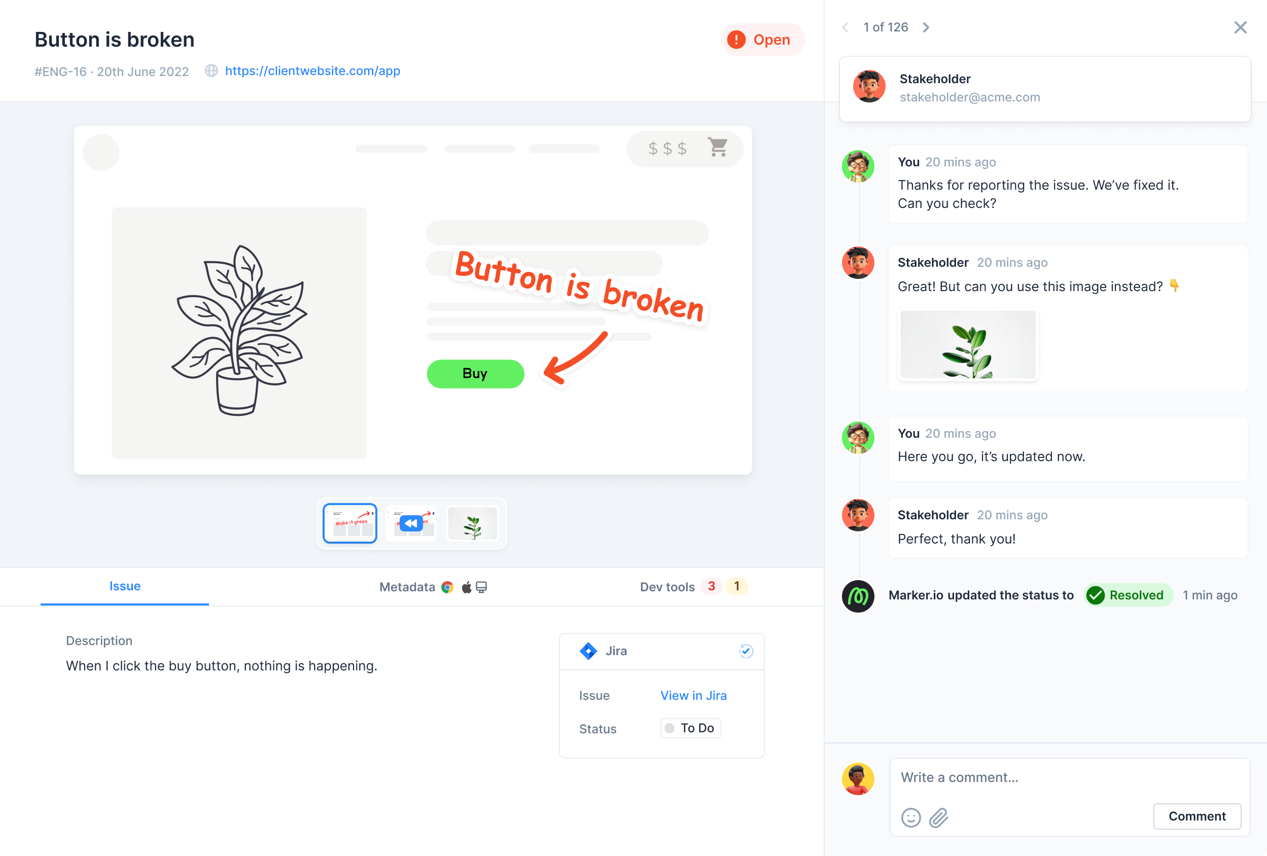 Marker.io interface showing annotations and bug tracking integration