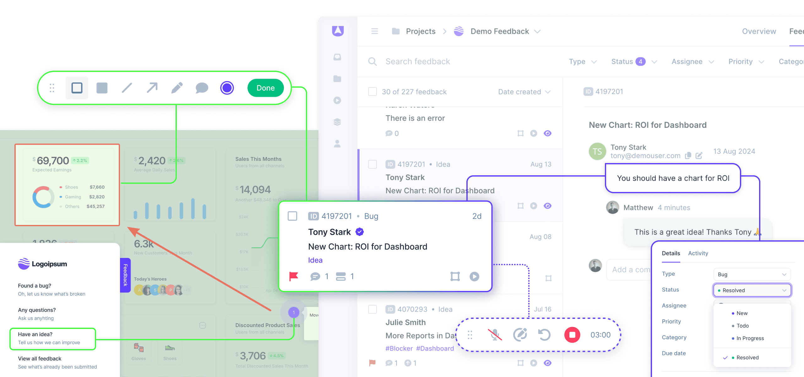 Userback interface with annotations and video feedback features
